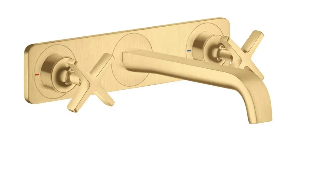 Waschtischarmatur von AXOR in Brushed Gold Optik mit drei Bedienelementen. Wandmontage und 220 mm Auslauf ohne sichtbare Schrauben.